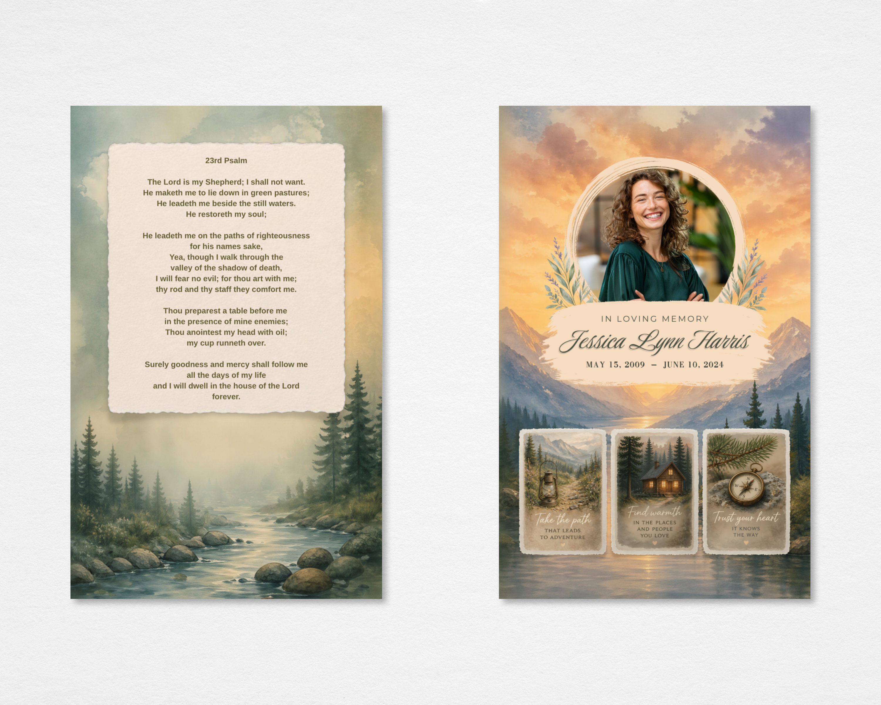 Watercolor Wilderness Memorial Prayer Card Template — front and back mockup showing mountain landscape with river, pine trees, and golden sunset sky, circular photo frame on front with name and dates, 23rd Psalm on back, editable in Canva