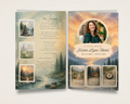 Watercolor Wilderness funeral program template — front cover with mountain landscape, circular photo placeholder, and name; back page with illustrated nature vignettes and poem
