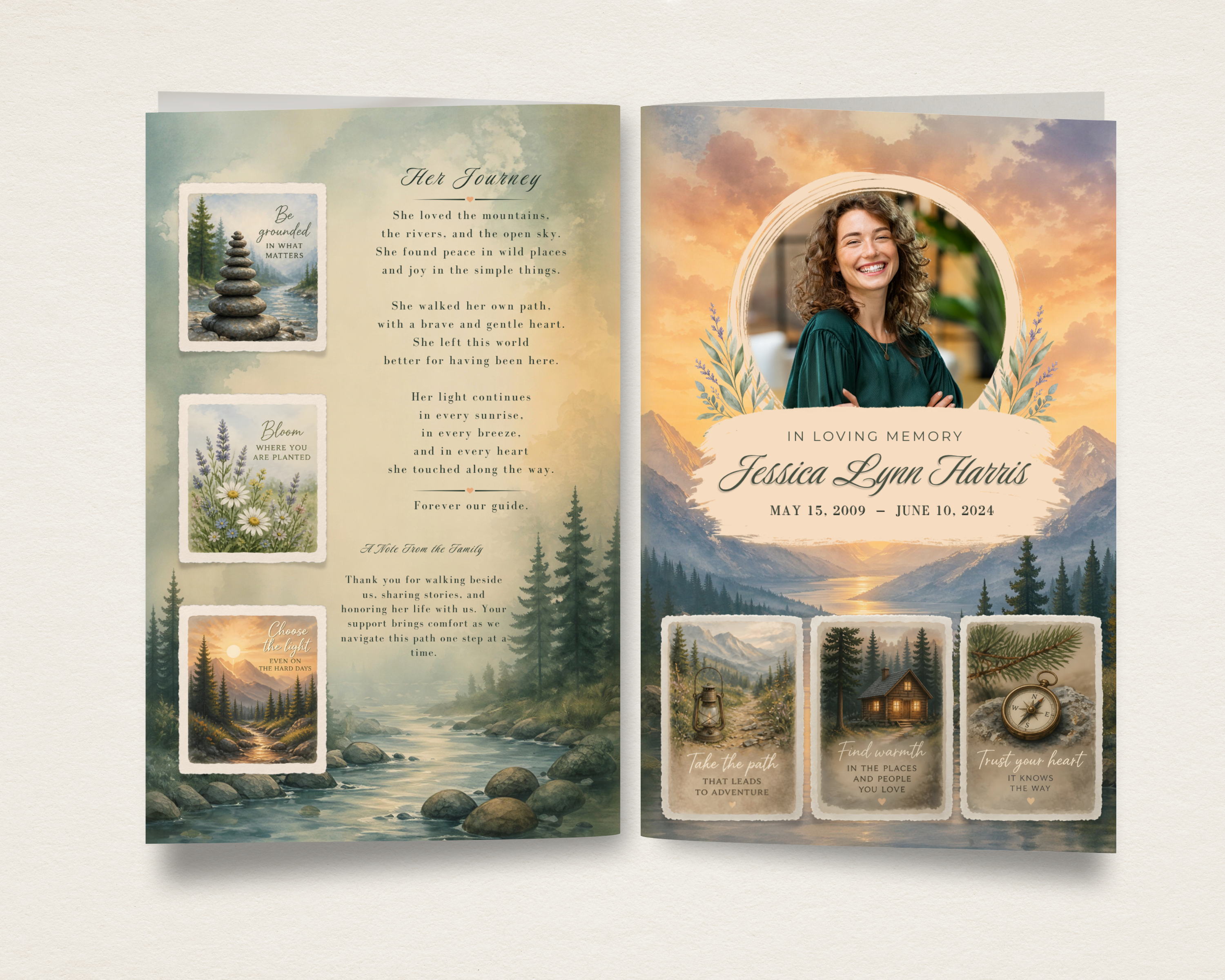 Watercolor Wilderness funeral program template — front cover with mountain landscape, circular photo placeholder, and name; back page with illustrated nature vignettes and poem
