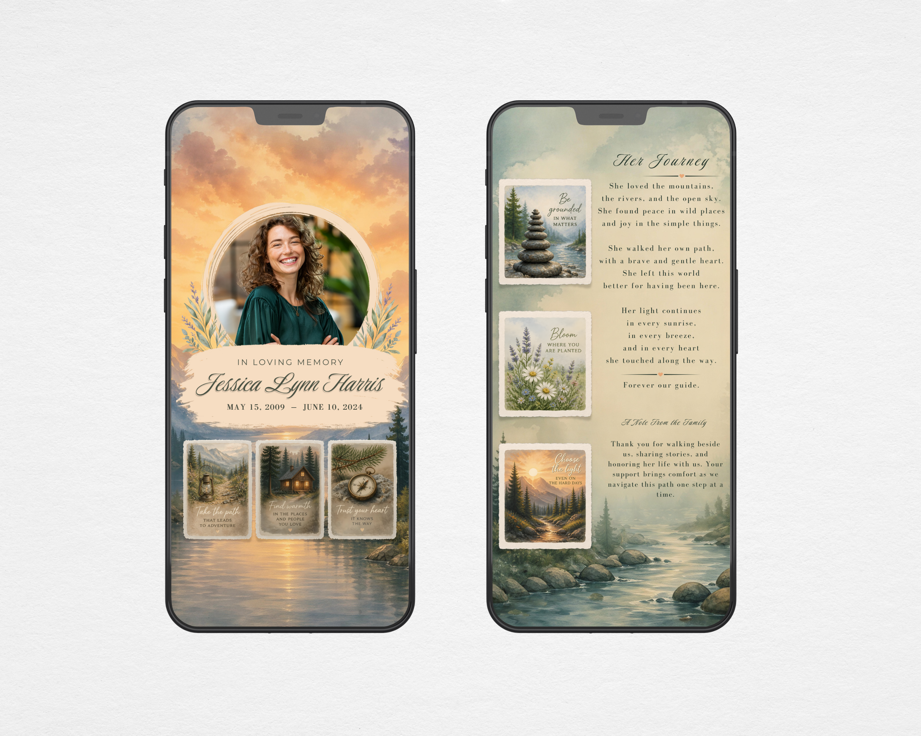 Watercolor Wilderness funeral program template shown on two phones — front cover and back page with nature vignettes and poem
