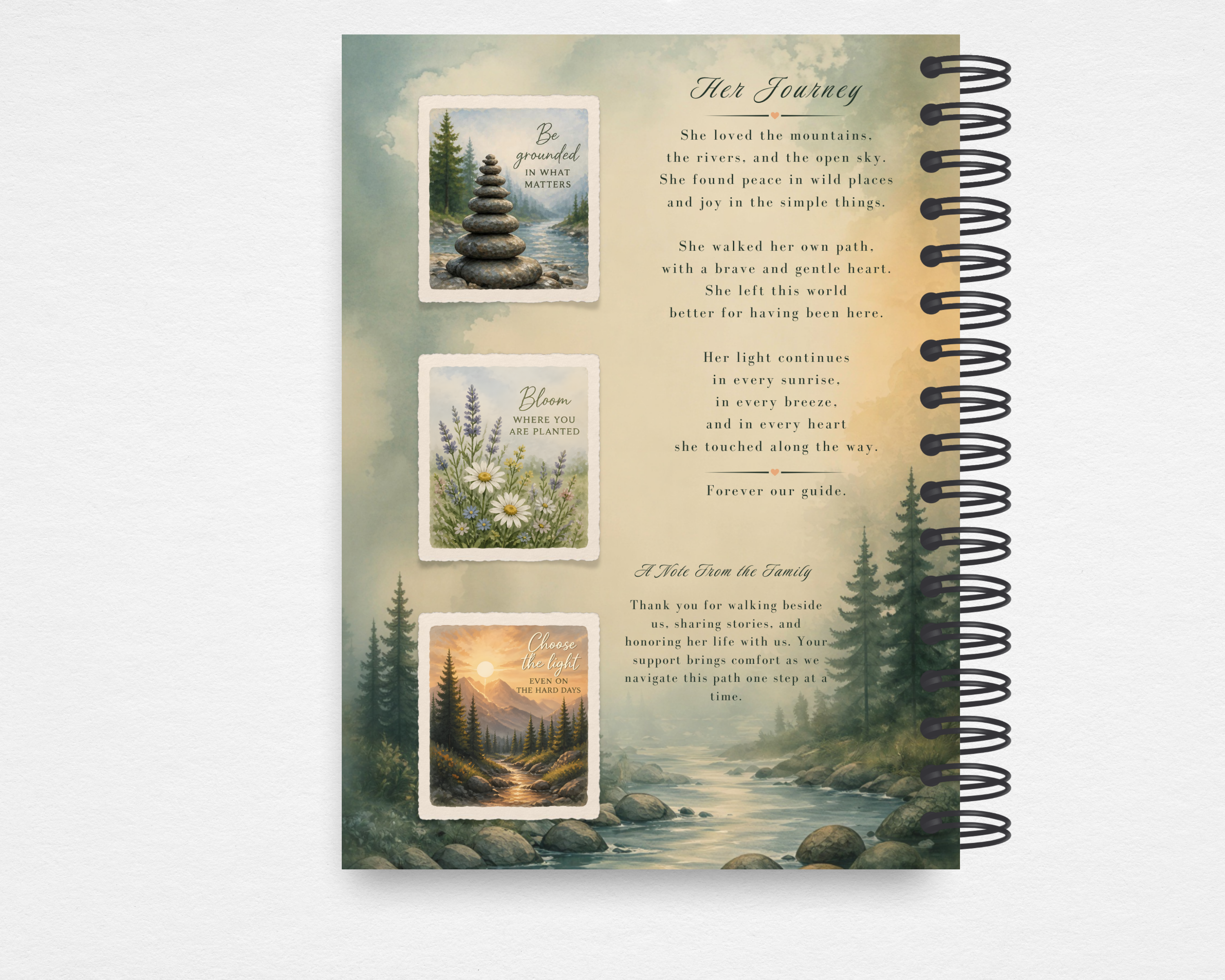 Watercolor Wilderness memorial guest book — back cover with misty forest river scene, Her Journey poem by C. Lindorfer, and three illustrated nature vignette cards