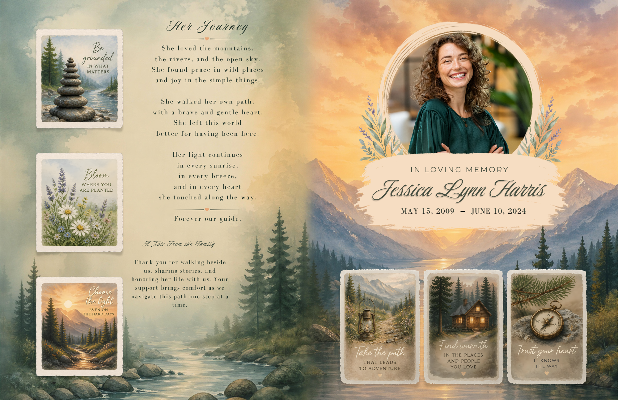 Watercolor Wilderness funeral program template tabloid size — front cover with mountain landscape, circular photo placeholder, and name; back page with illustrated nature vignettes and poem
