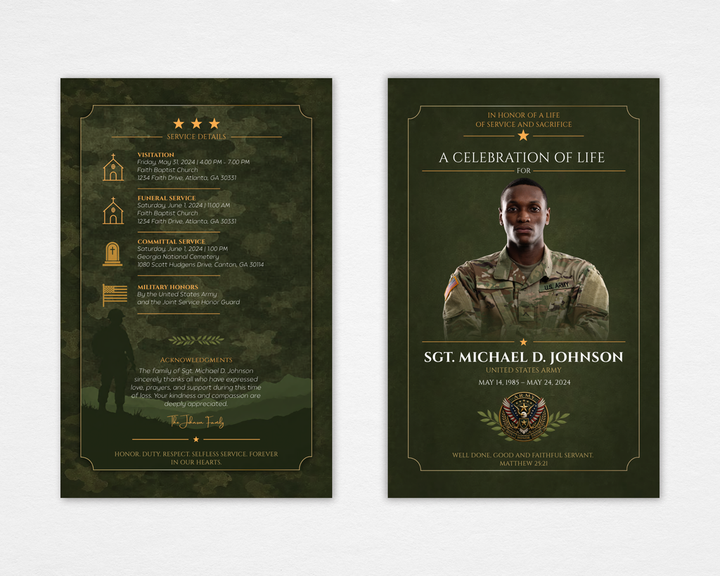 Military army funeral program template front cover and back page — olive camo design with gold accents, Canva editable instant download