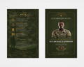 Military army funeral program template front cover and back page — olive camo design with gold accents, Canva editable instant download