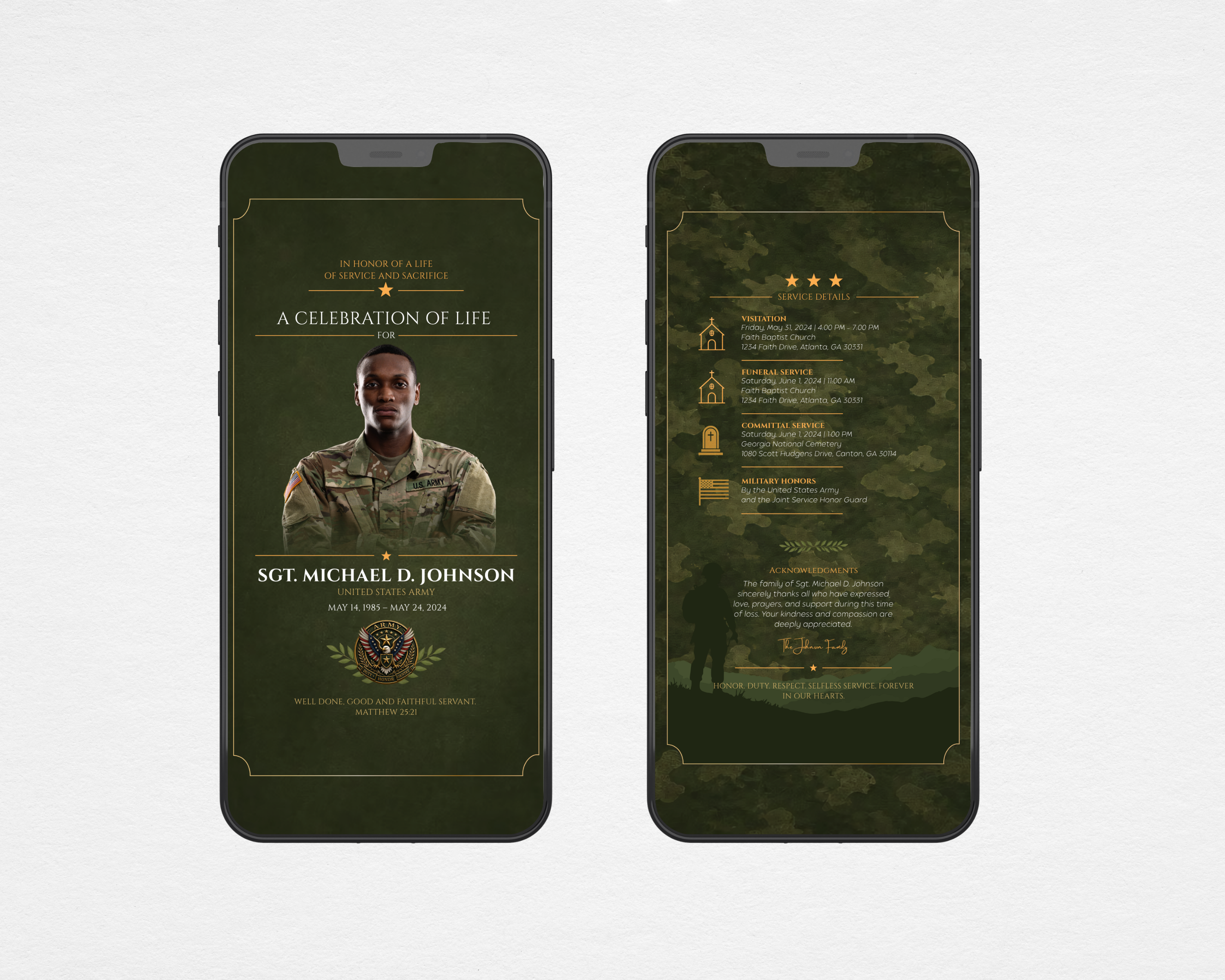 Military army funeral program template displayed on mobile device — digital version Canva editable instant download