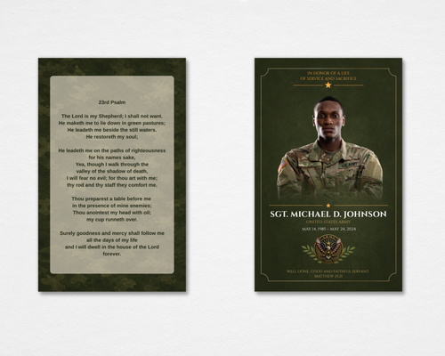 Duty & Honor Military Memorial Prayer Card Template — front and back shown on white background, olive green and gold Army design with 23rd Psalm, editable Canva instant download