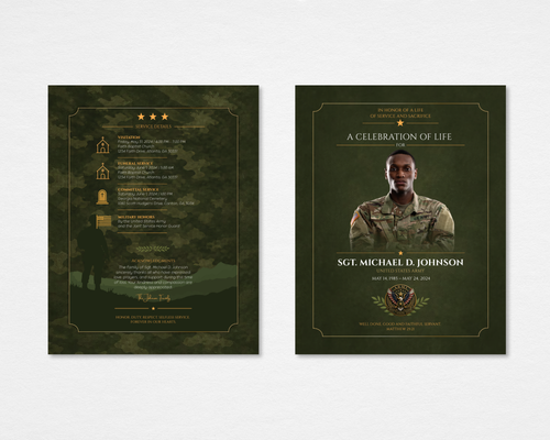 Duty and Honor Military funeral program front and back — olive green camouflage background, U.S. Army crest emblem, full-bleed portrait cover, gold star accents and service details back page, bold gold typography (tabloid)