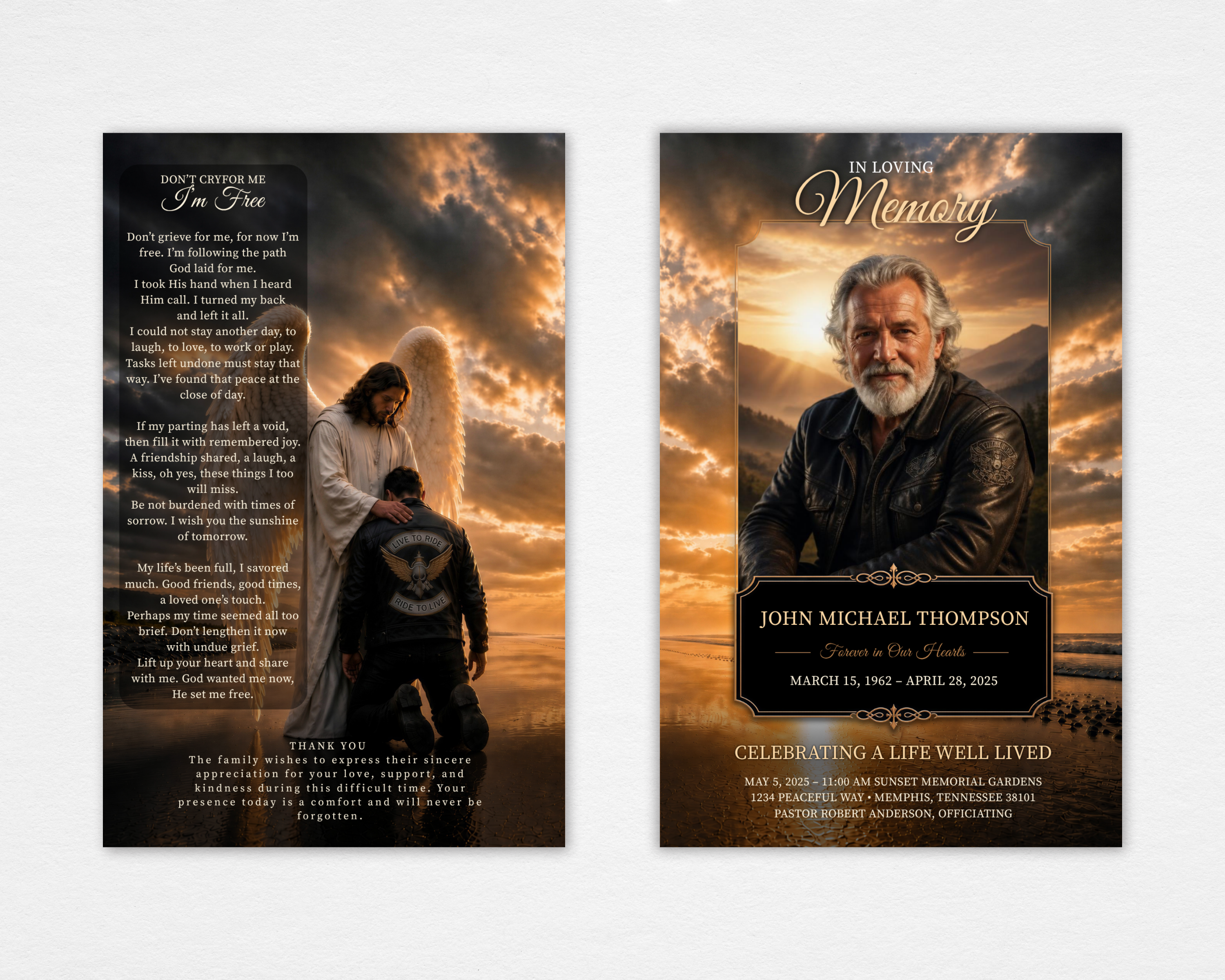 Christian biker funeral program template front cover editable Canva design instant download
