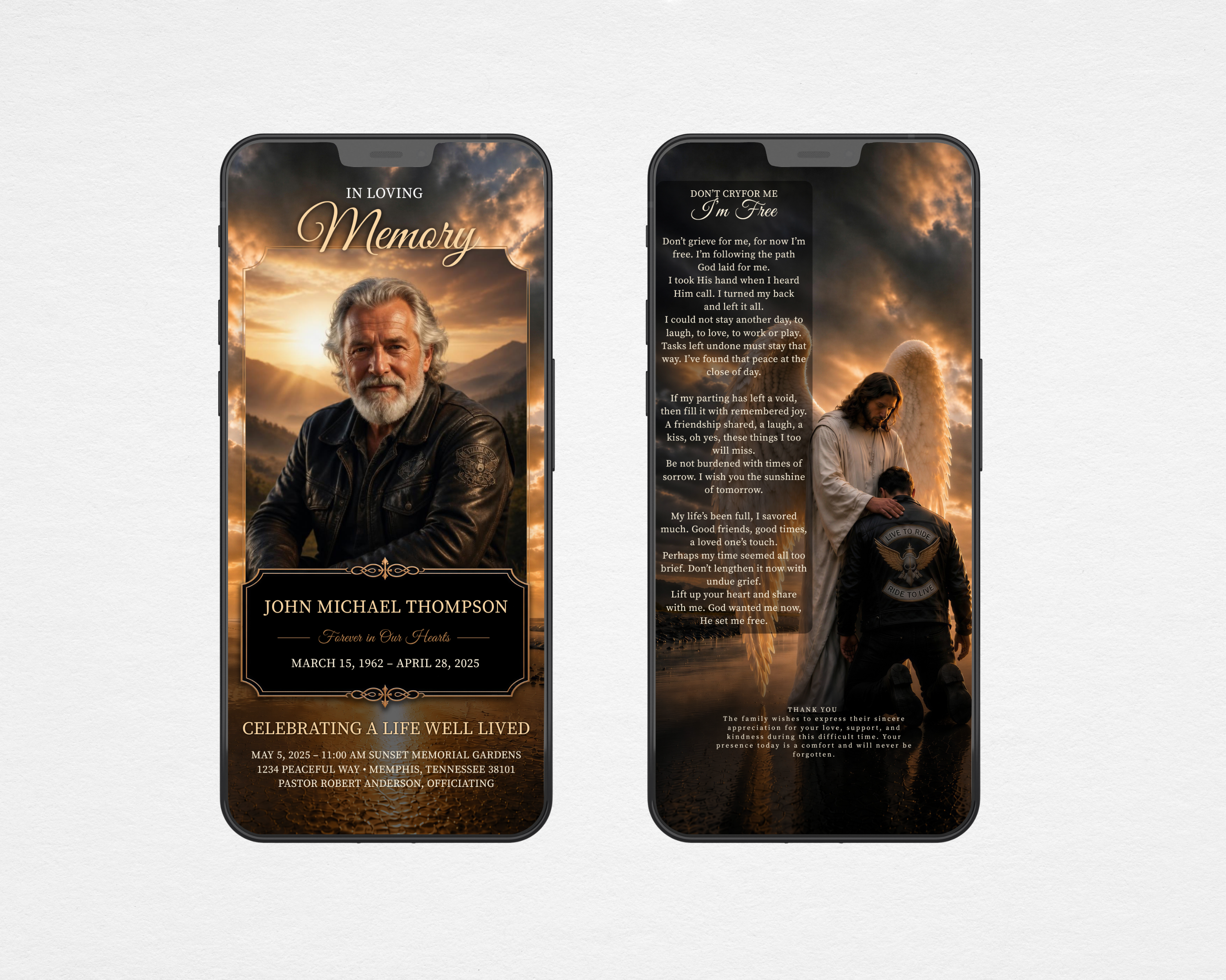 Digital download Christian biker funeral program template displayed on mobile device