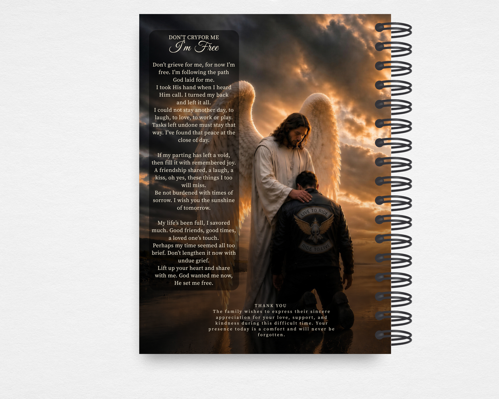 Ride Home Memorial Guest Book back cover — angel with biker kneeling in prayer against stormy golden sky, "Don't Cry for Me I'm Free" poem, thank you message, Live to Ride patch detail