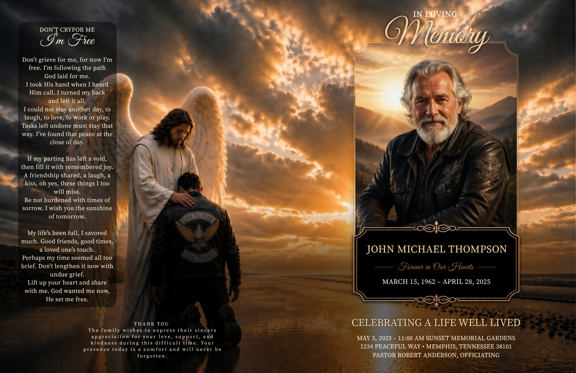 Christian biker funeral program template front cover and back page — Ride Home design with angel sunset scene and Don't Cry for Me I'm Free poem
