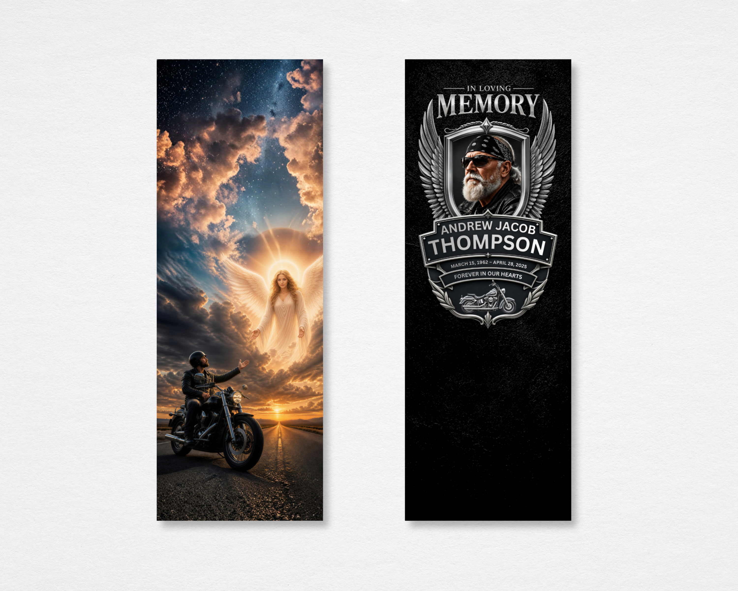 Iron Wings biker motorcycle memorial bookmark template — Canva editable template