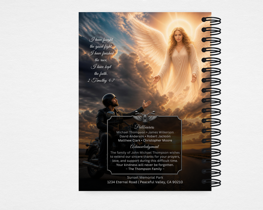 Iron Wings biker motorcycle memorial guest book back cover — Canva editable template