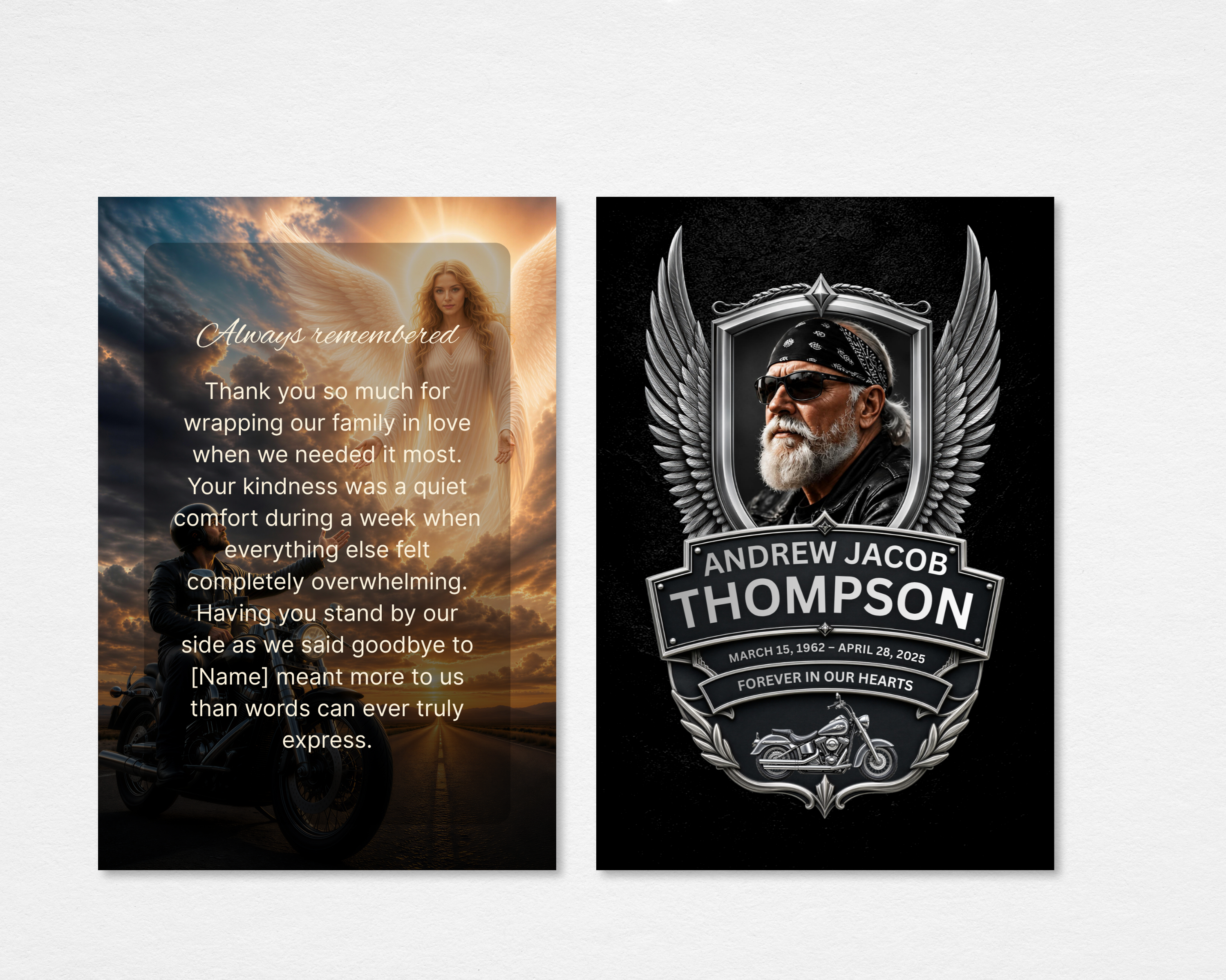 Iron Wings biker motorcycle memorial thank you card template — Canva editable template