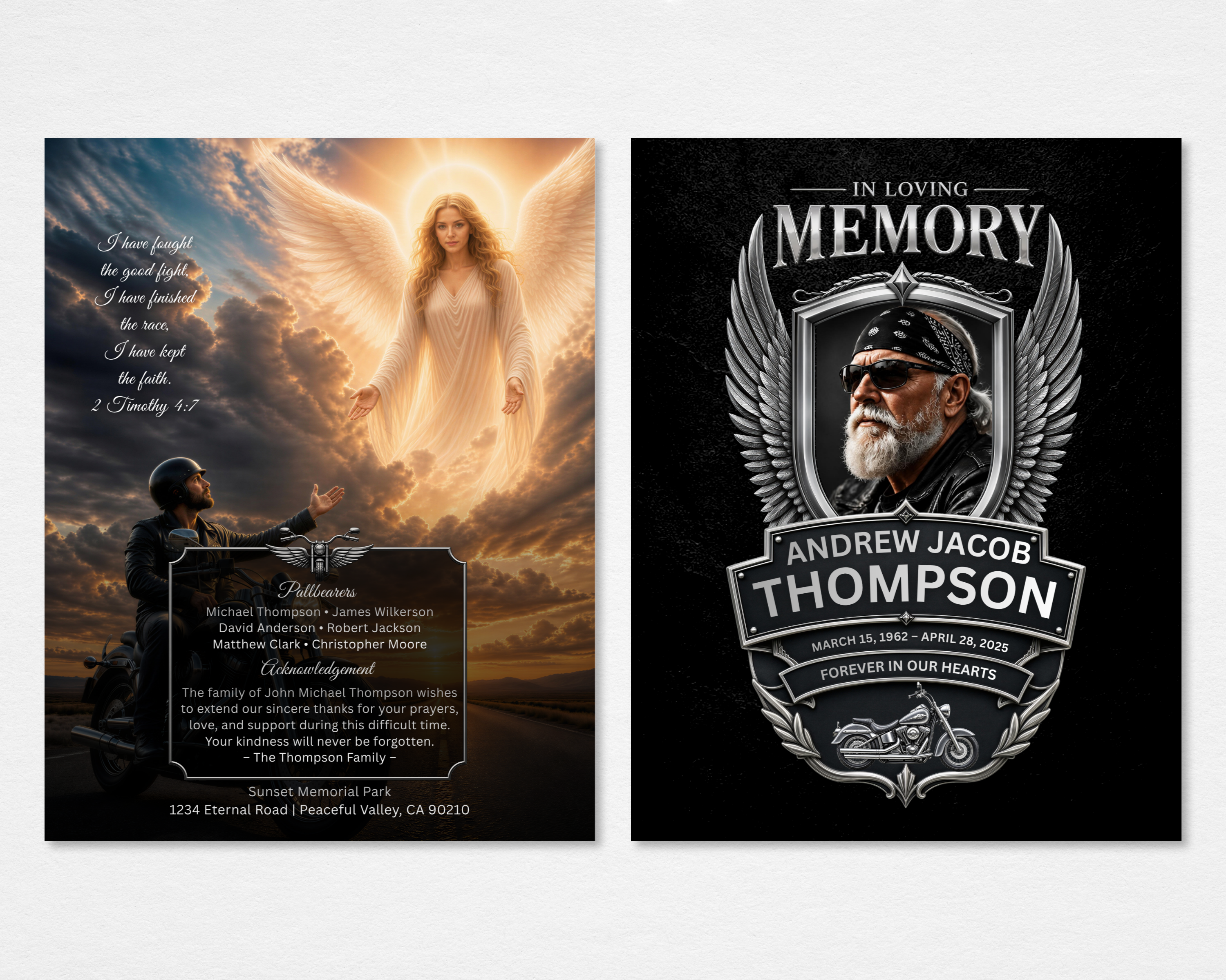 Iron Wings biker motorcycle funeral program template — front and back tabloid spread — Canva editable instant download