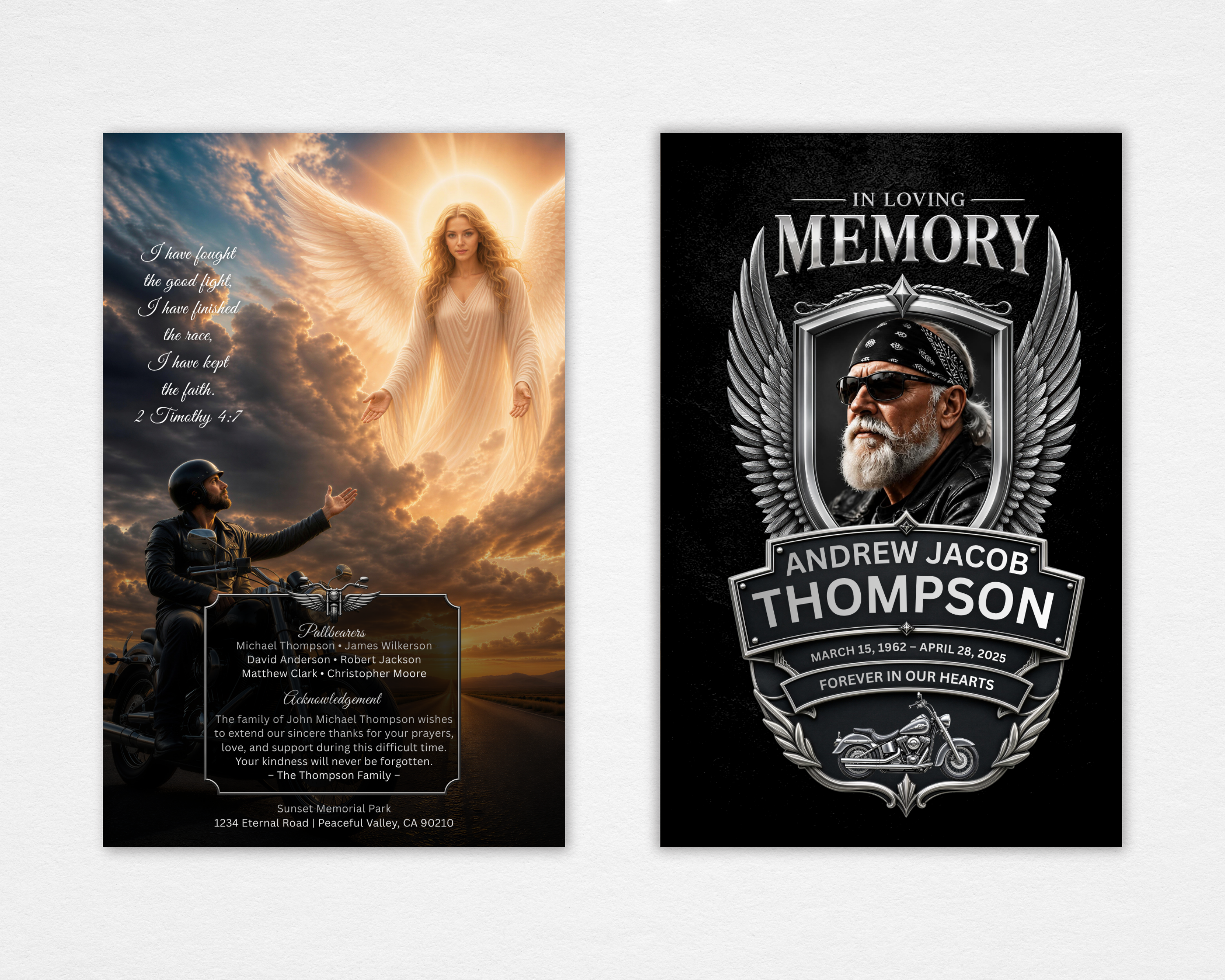 Iron Wings biker motorcycle funeral program template front cover with chrome badge and wings design — Canva editable instant download