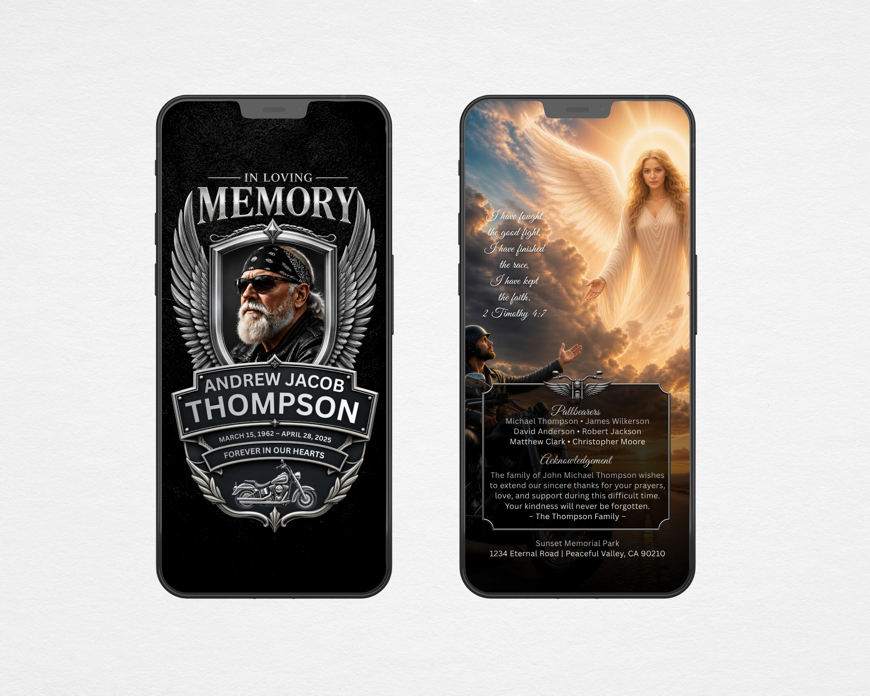 Digital biker motorcycle funeral program template displayed on mobile devices — Iron Wings Canva editable instant download
