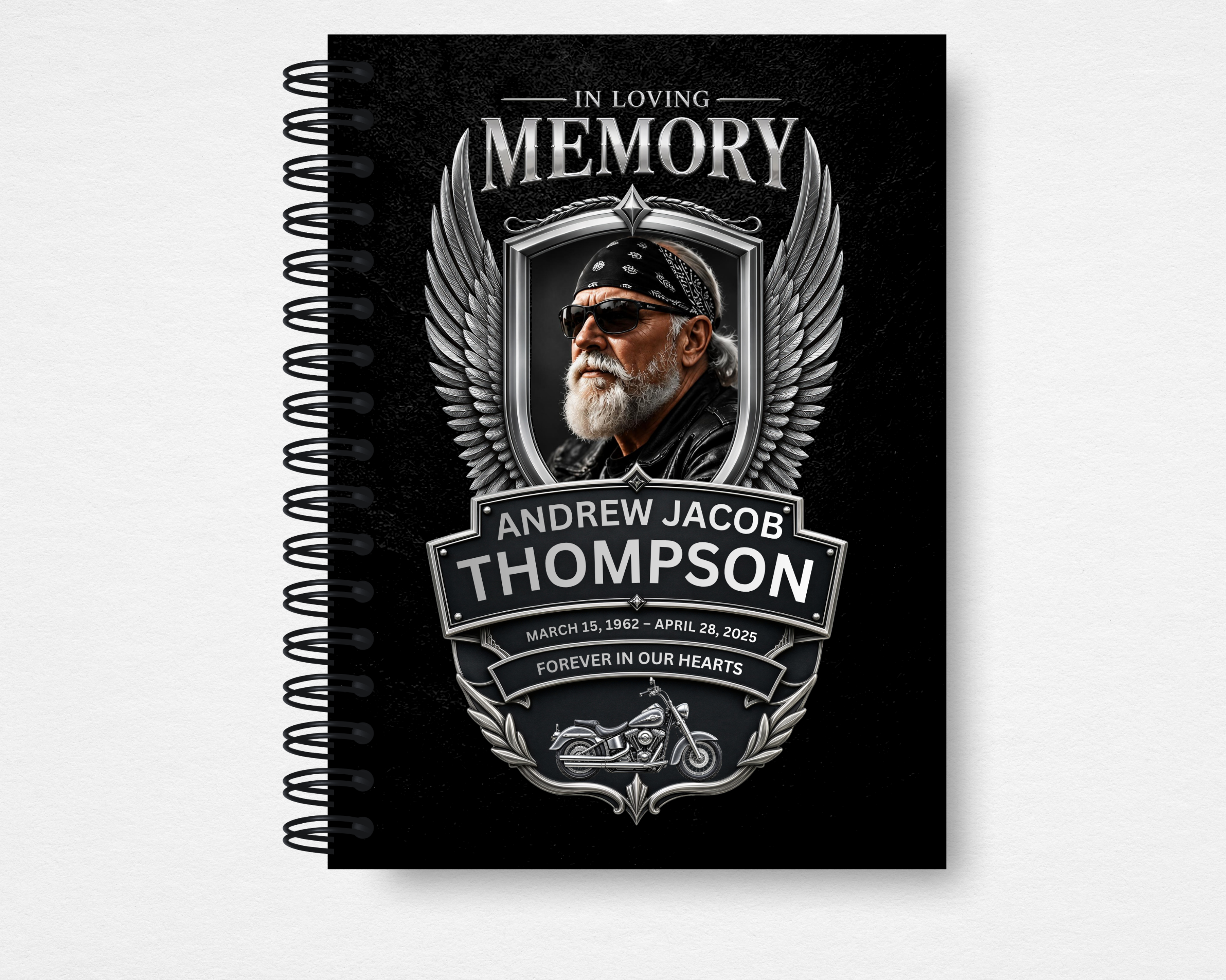 Iron Wings biker motorcycle memorial guest book — Canva editable template