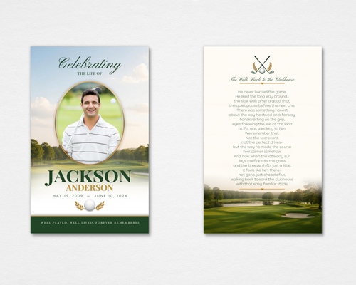 Fairway Classic Memorial Prayer Card Template — Canva editable, instant download, front and back, print-ready 3x4.75 funeral prayer card in deep green and ivory
