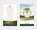 Golf funeral program template flat lay showing front and back cover — fairway background, crossed clubs emblem, oval photo frame, and poem "The Walk Back to the Clubhouse"