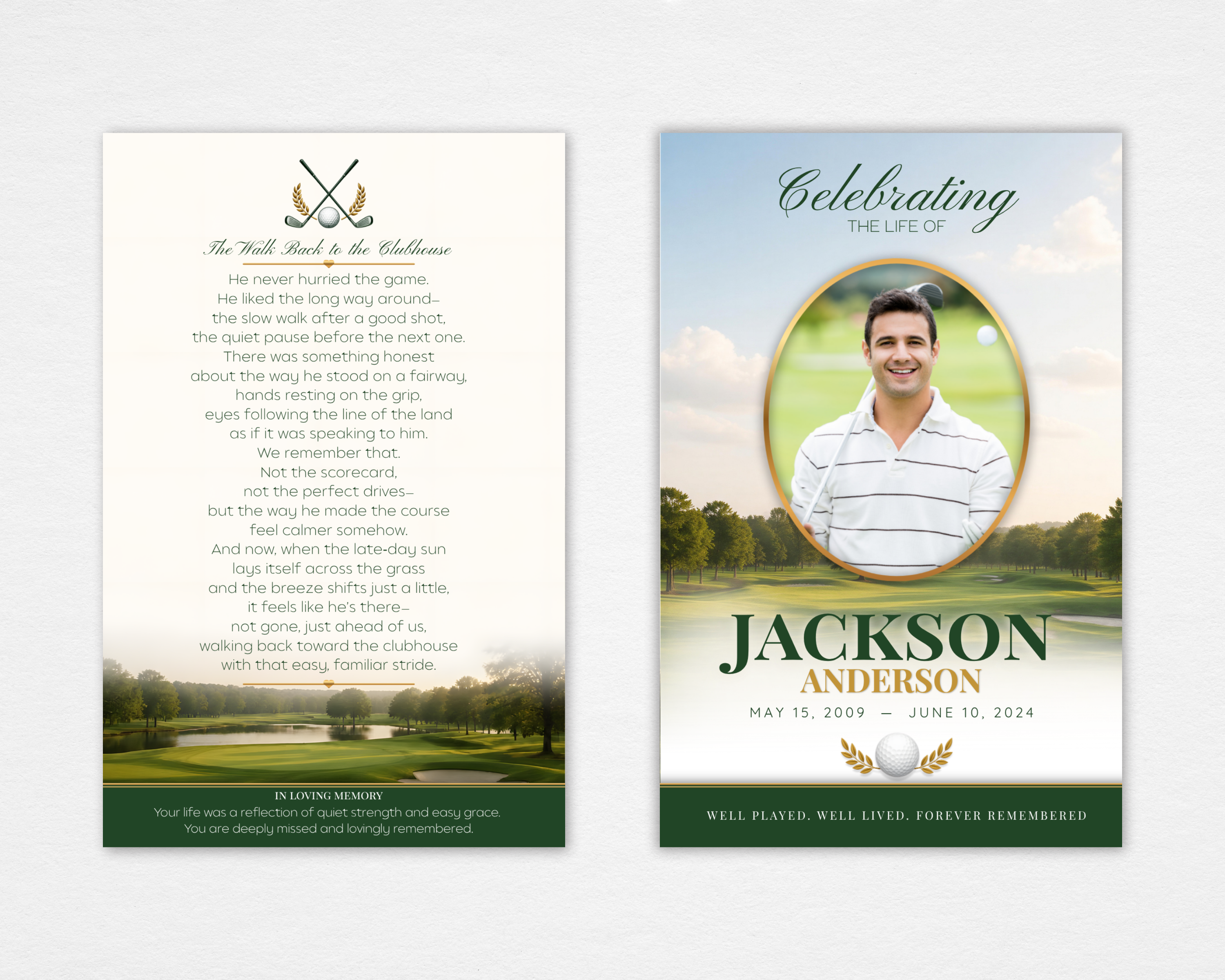 Golf funeral program template flat lay showing front and back cover — fairway background, crossed clubs emblem, oval photo frame, and poem "The Walk Back to the Clubhouse"