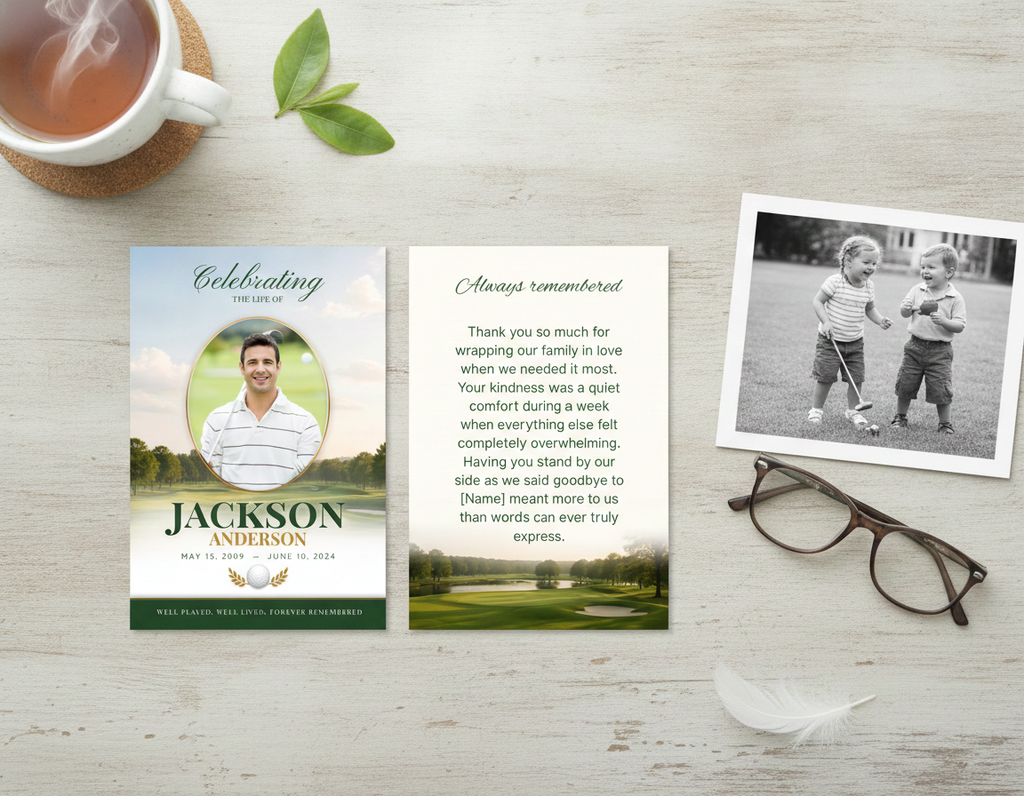 Fairway Classic Memorial Thank You Card — lifestyle flat lay showing front and back card held by hand on white wood surface with tea, greenery, glasses, and vintage black and white photo
