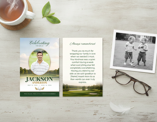 Fairway Classic Memorial Thank You Card — lifestyle flat lay showing front and back card held by hand on white wood surface with tea, greenery, glasses, and vintage black and white photo
