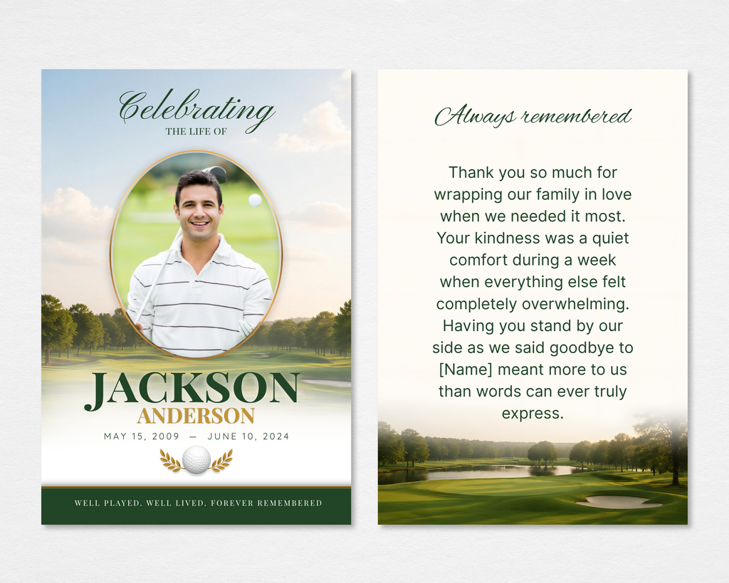 Fairway Classic Memorial Thank You Card Template — Canva editable 4x6 flat card with golf course background, gold oval photo frame, dark green and gold typography, and coordinating back card with thank you message
