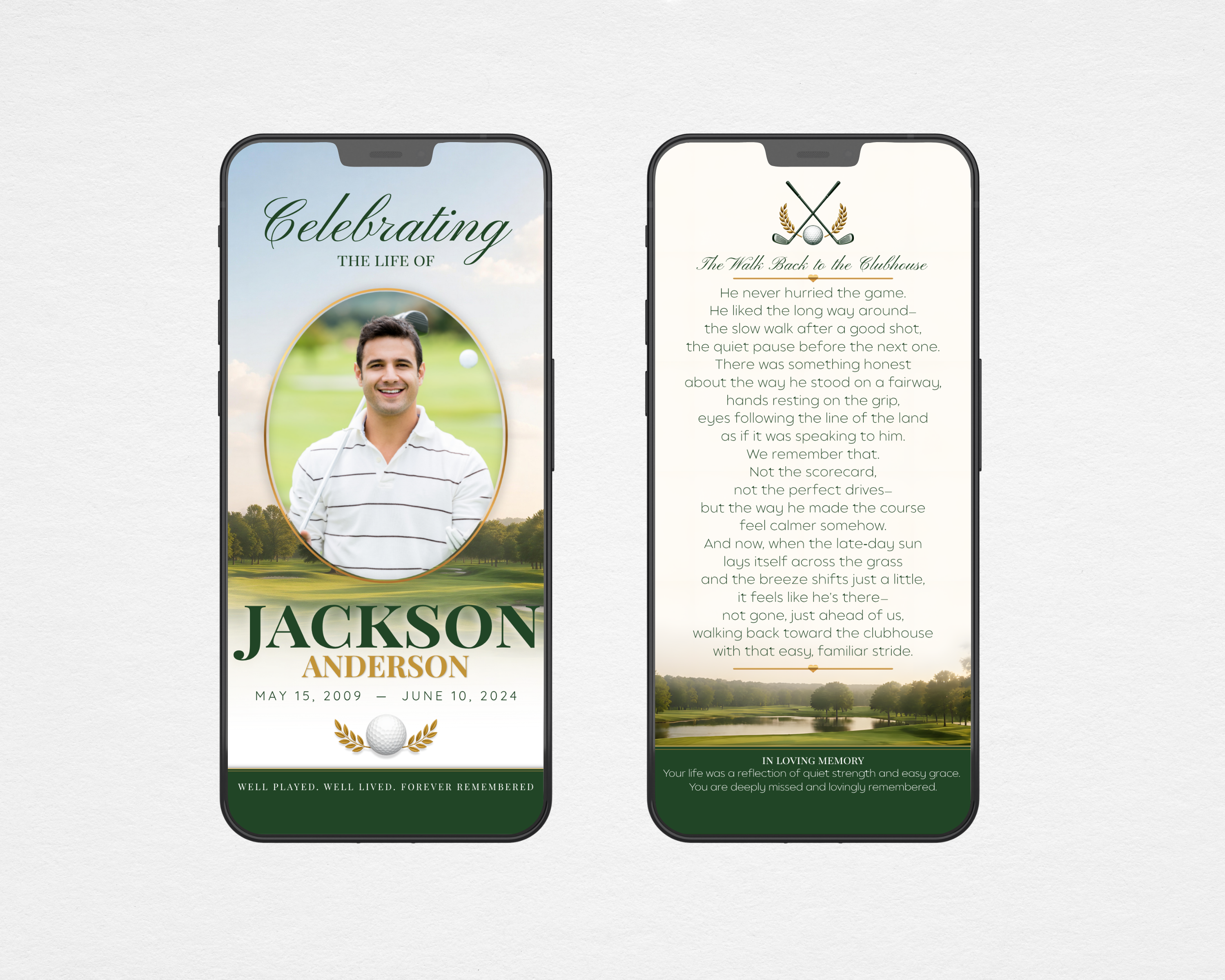 Golf funeral program template shown on mobile phone — front cover with fairway background, oval photo frame, and "Well Played. Well Lived. Forever Remembered." tagline