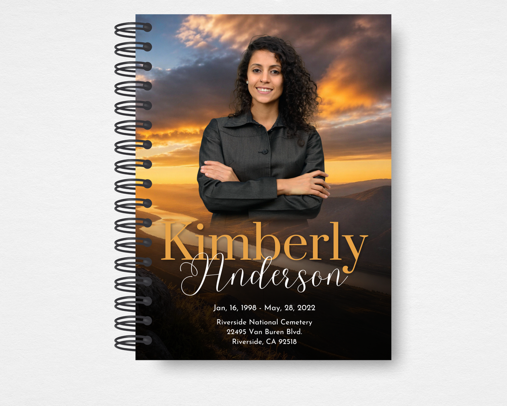 Golden Sunset Cross Memorial Guest Book Template — Canva editable instant download, 17-page spiral-bound guest book with cross and dove sunset cover, faith-based funeral stationery