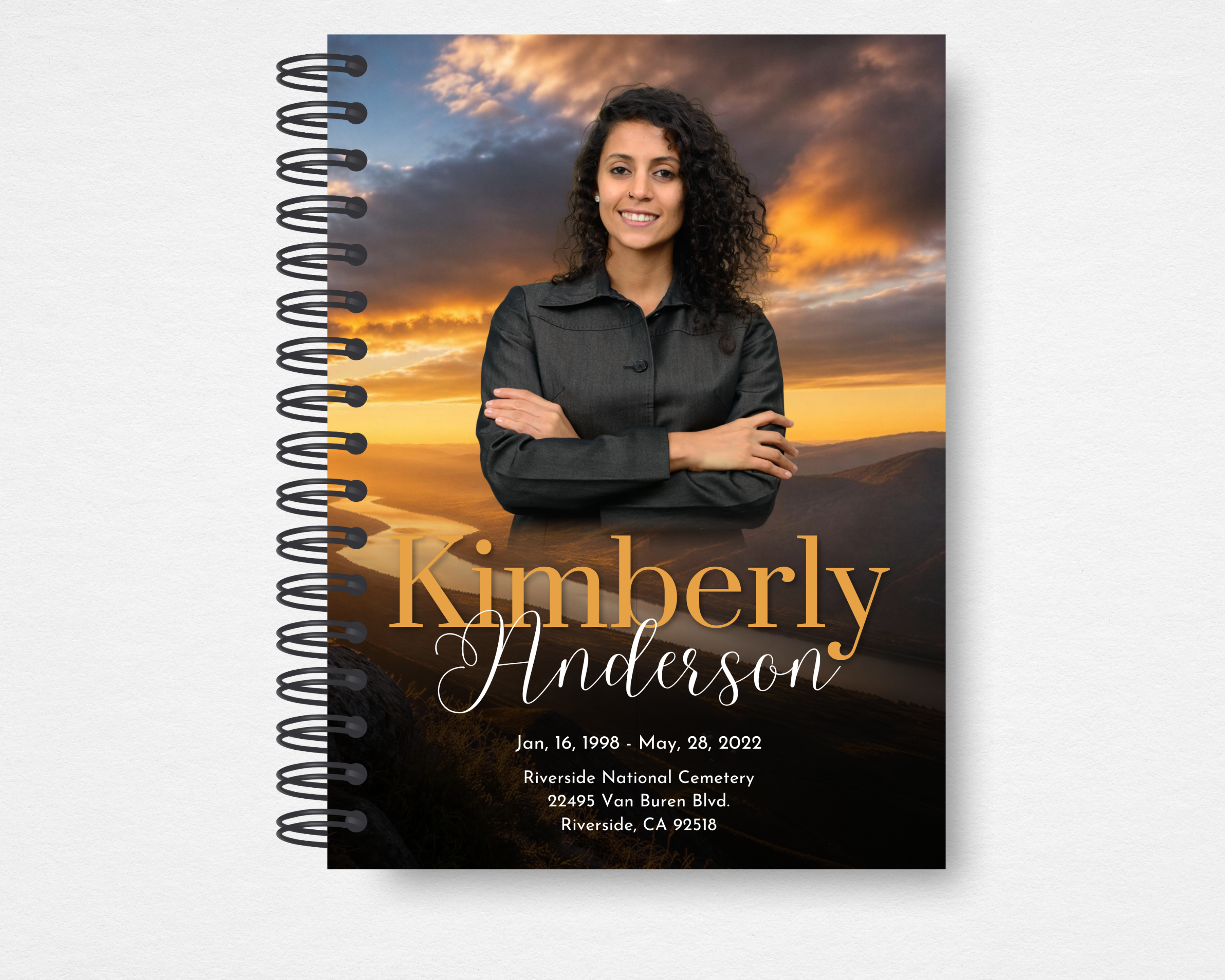 Golden Sunset Cross Memorial Guest Book Template — Canva editable instant download, 17-page spiral-bound guest book with cross and dove sunset cover, faith-based funeral stationery
