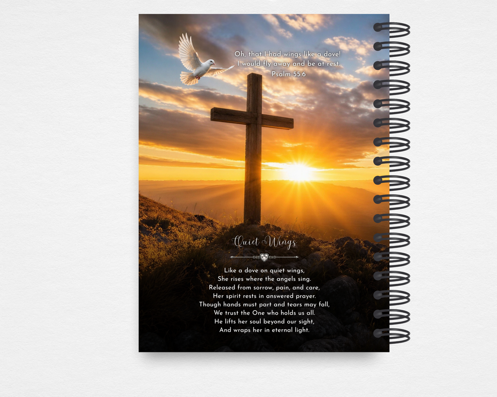 Golden Sunset Cross Memorial Guest Book Back Cover — original "Quiet Wings" poem by Noted & Charmed, cross and dove sunset design, Canva editable memorial guest book template