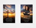 Golden Sunset Cross Memorial Prayer Card Template — Canva editable instant download, front and back, cross and dove sunset design, faith-based funeral prayer card
