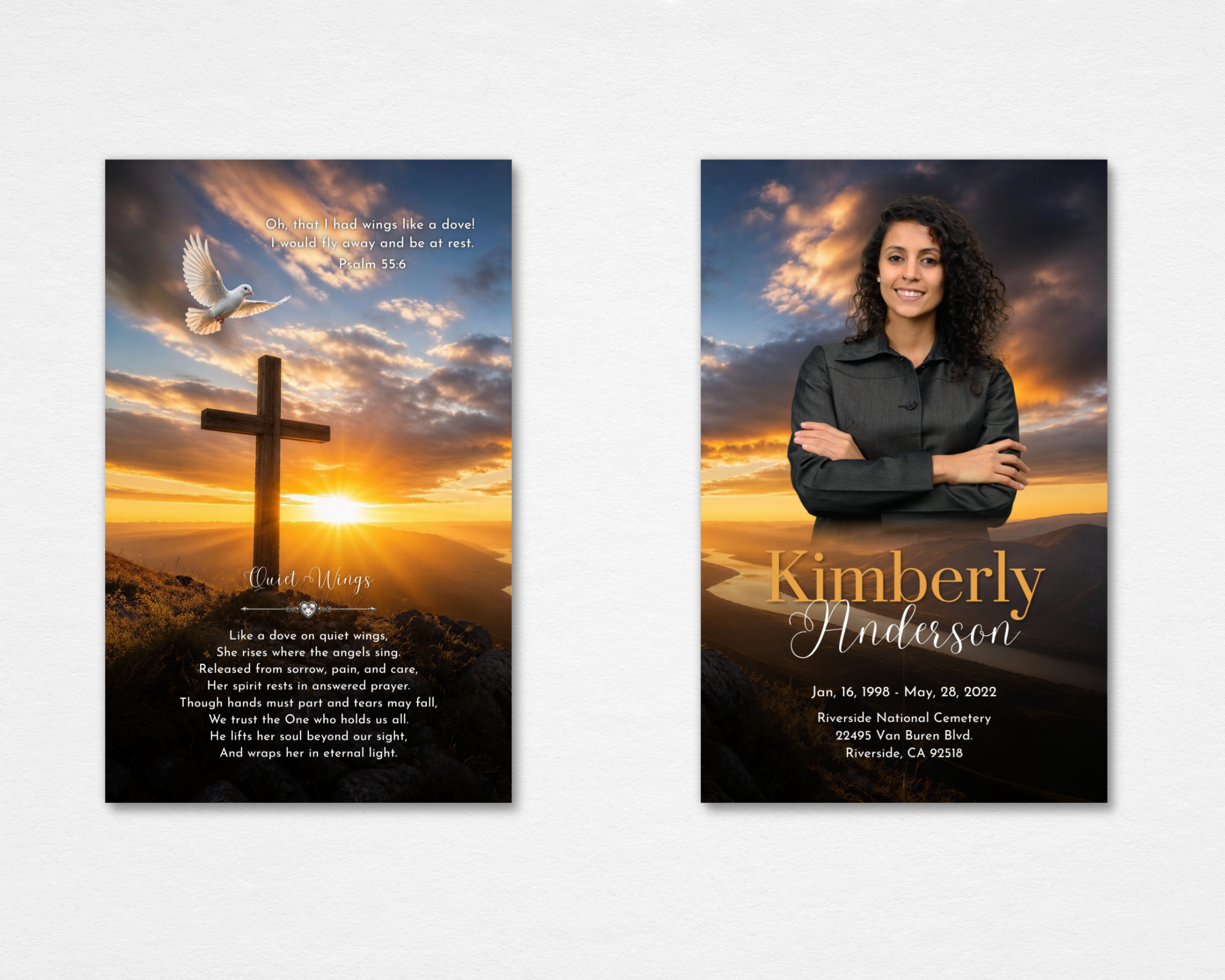 Golden Sunset Cross Memorial Prayer Card Template — Canva editable instant download, front and back, cross and dove sunset design, faith-based funeral prayer card
