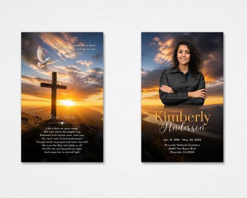 Golden Sunset Cross Memorial Prayer Card Template — Canva editable instant download, front and back, cross and dove sunset design, faith-based funeral prayer card
