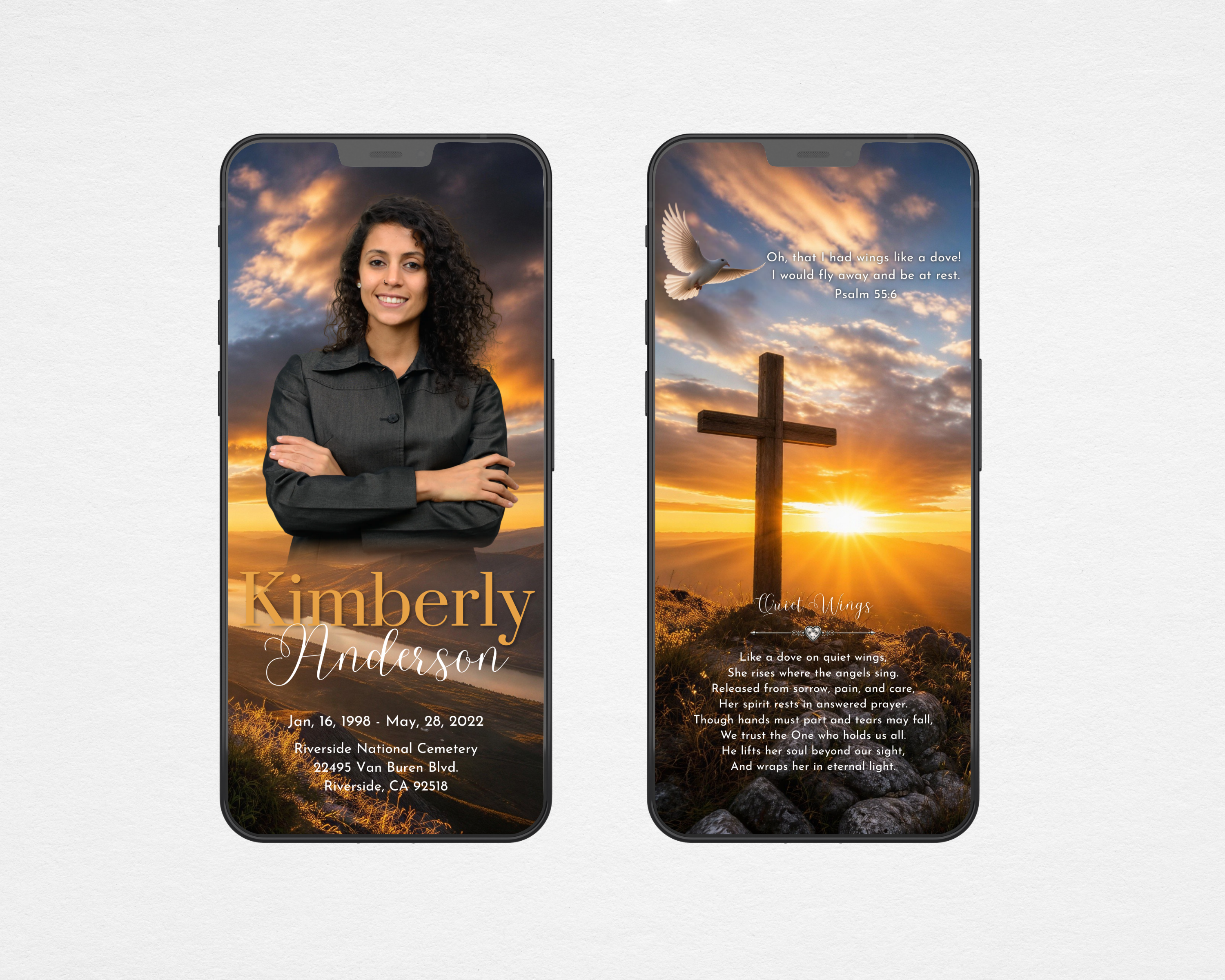 Golden Sunset Cross funeral program template digital version shown on mobile phones — front cover with portrait and back cover with sunset cross and Quiet Wings poem