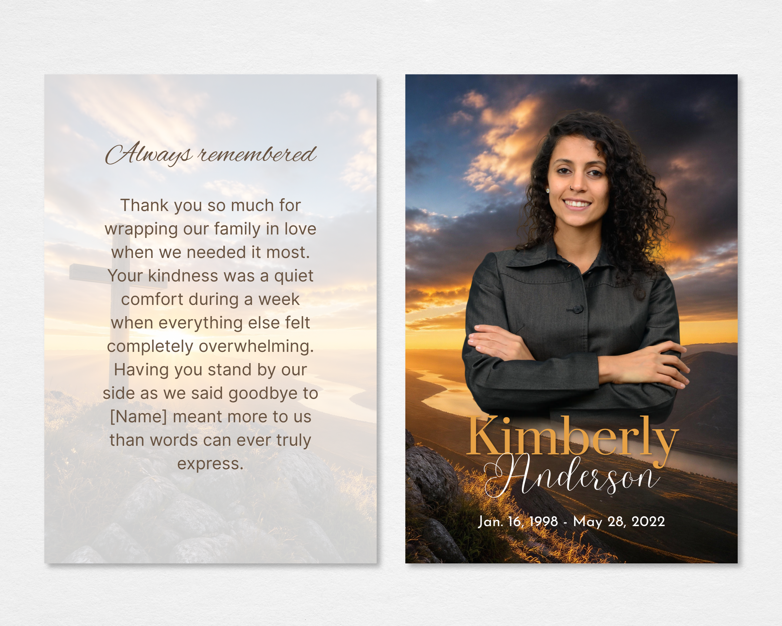 Golden Sunset Cross Memorial Thank You Card