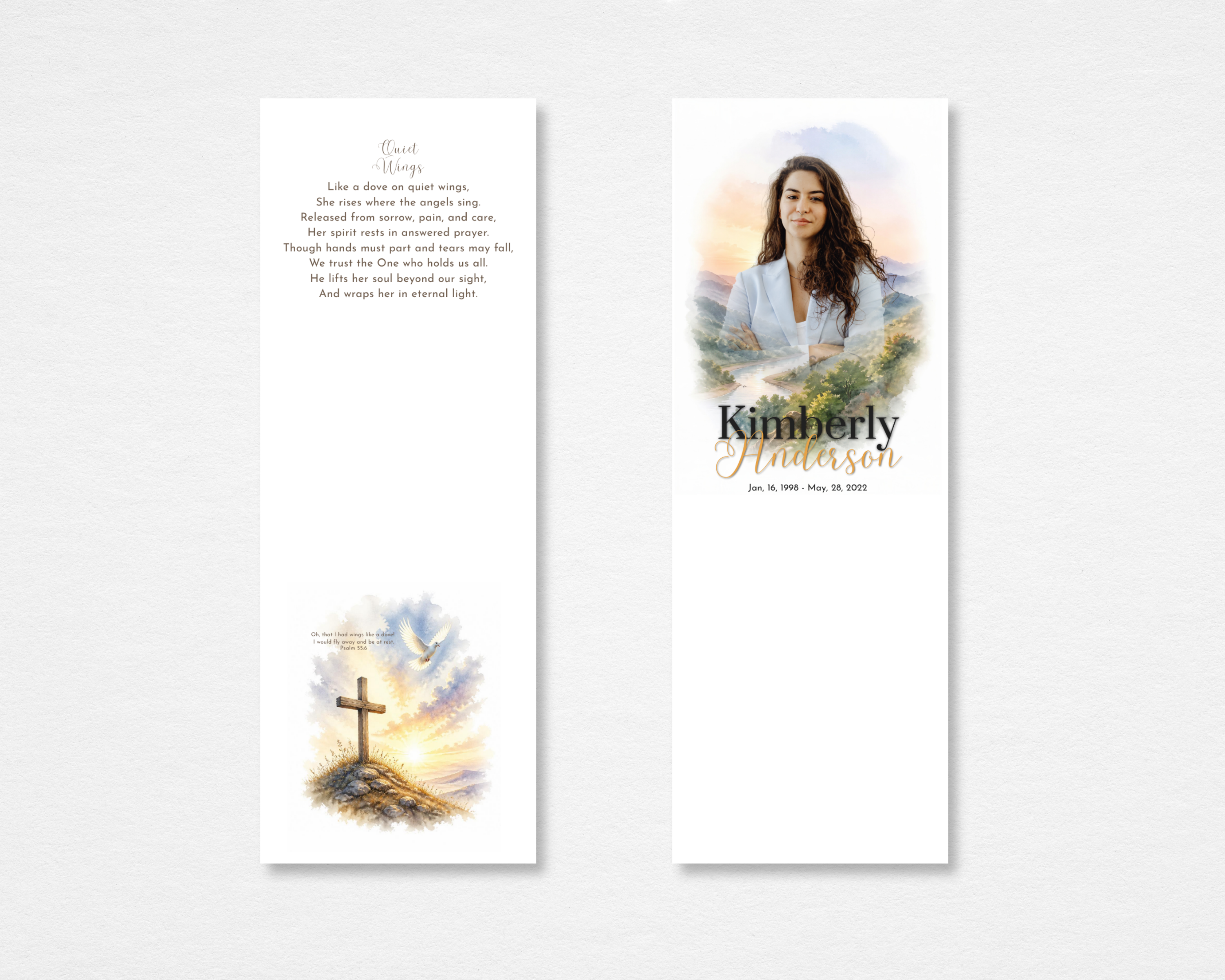 Quiet Wings memorial bookmark front and back — watercolor cross and dove, original Quiet Wings poem, mountain landscape portrait cover, editable in Canva