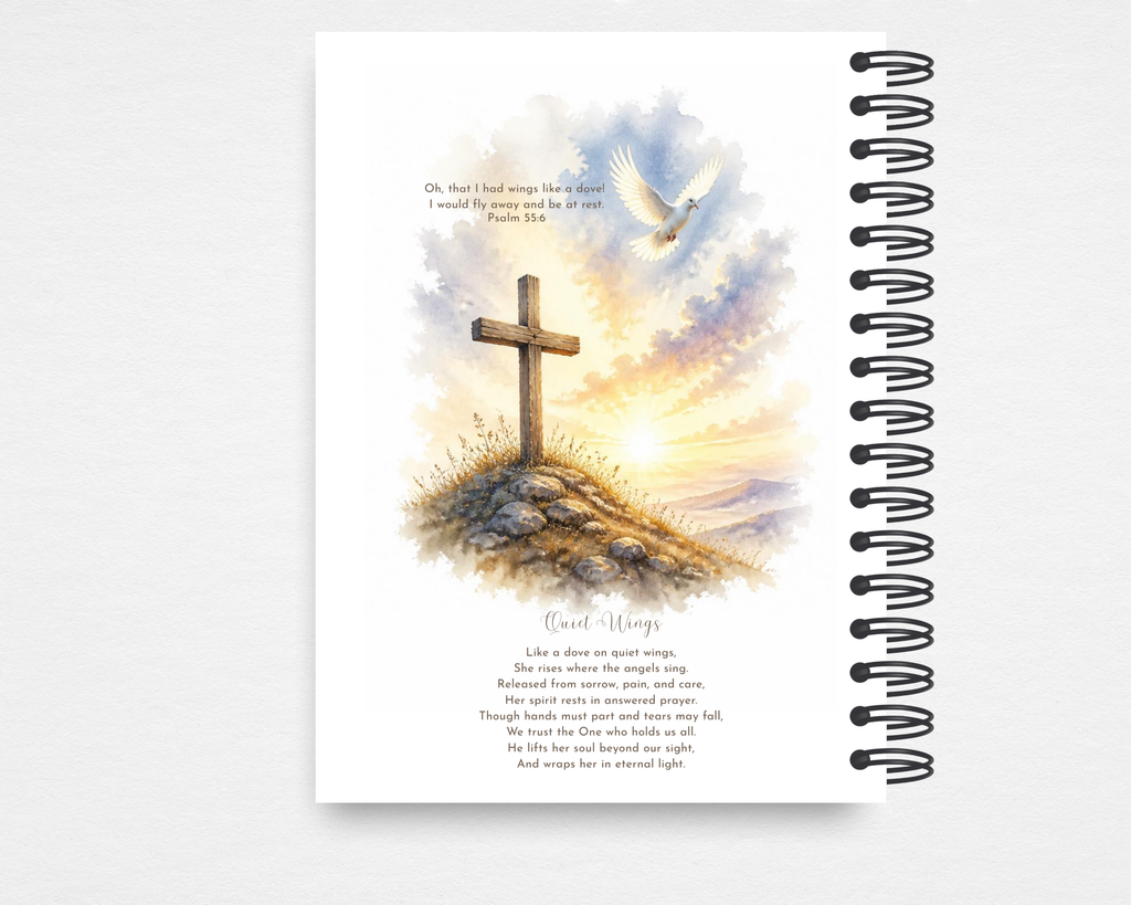 Quiet Wings memorial guest book back cover — watercolor cross and dove, Psalm 55:6 scripture, original poem, Christian funeral keepsake