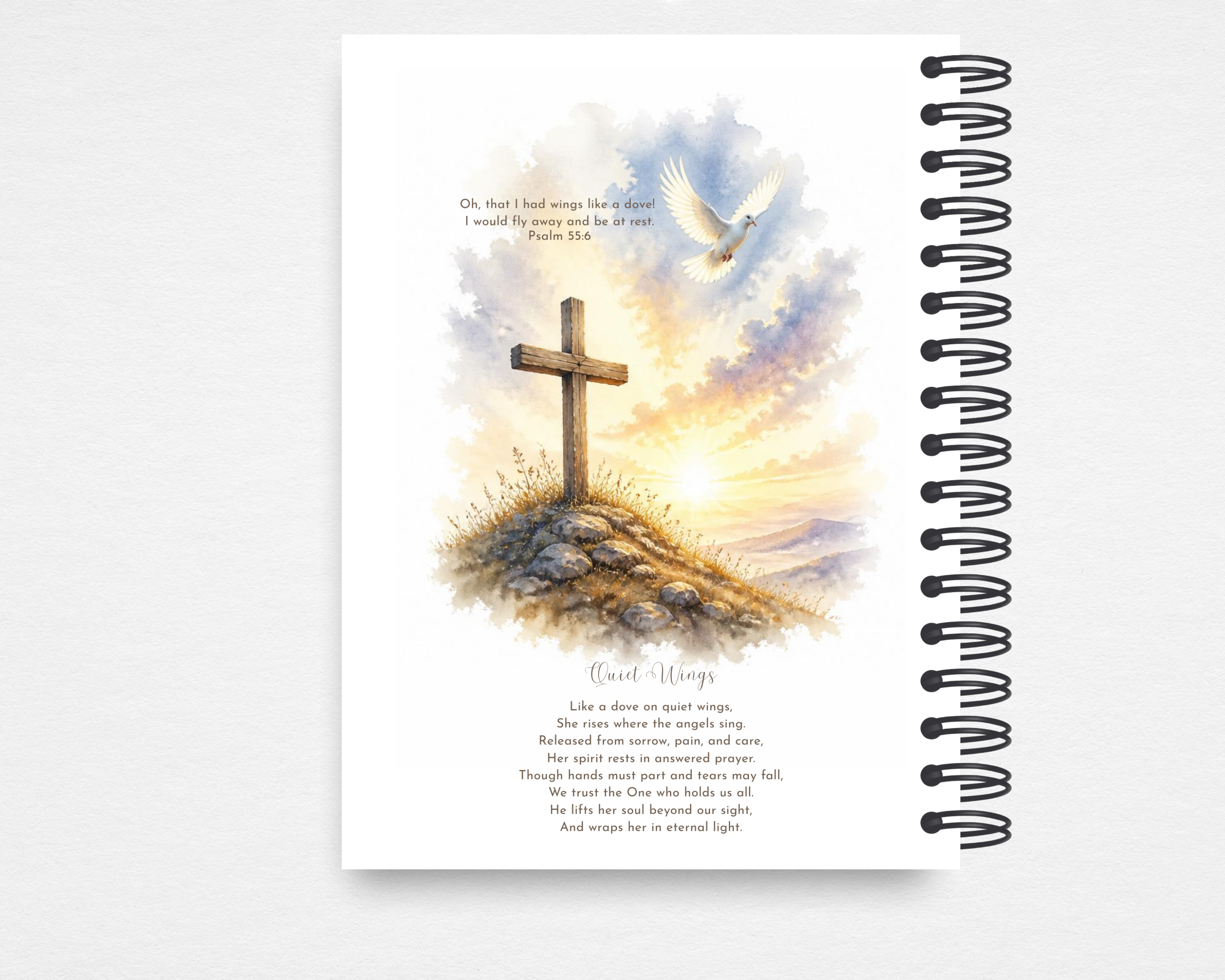 Quiet Wings memorial guest book back cover — watercolor cross and dove, Psalm 55:6 scripture, original poem, Christian funeral keepsake