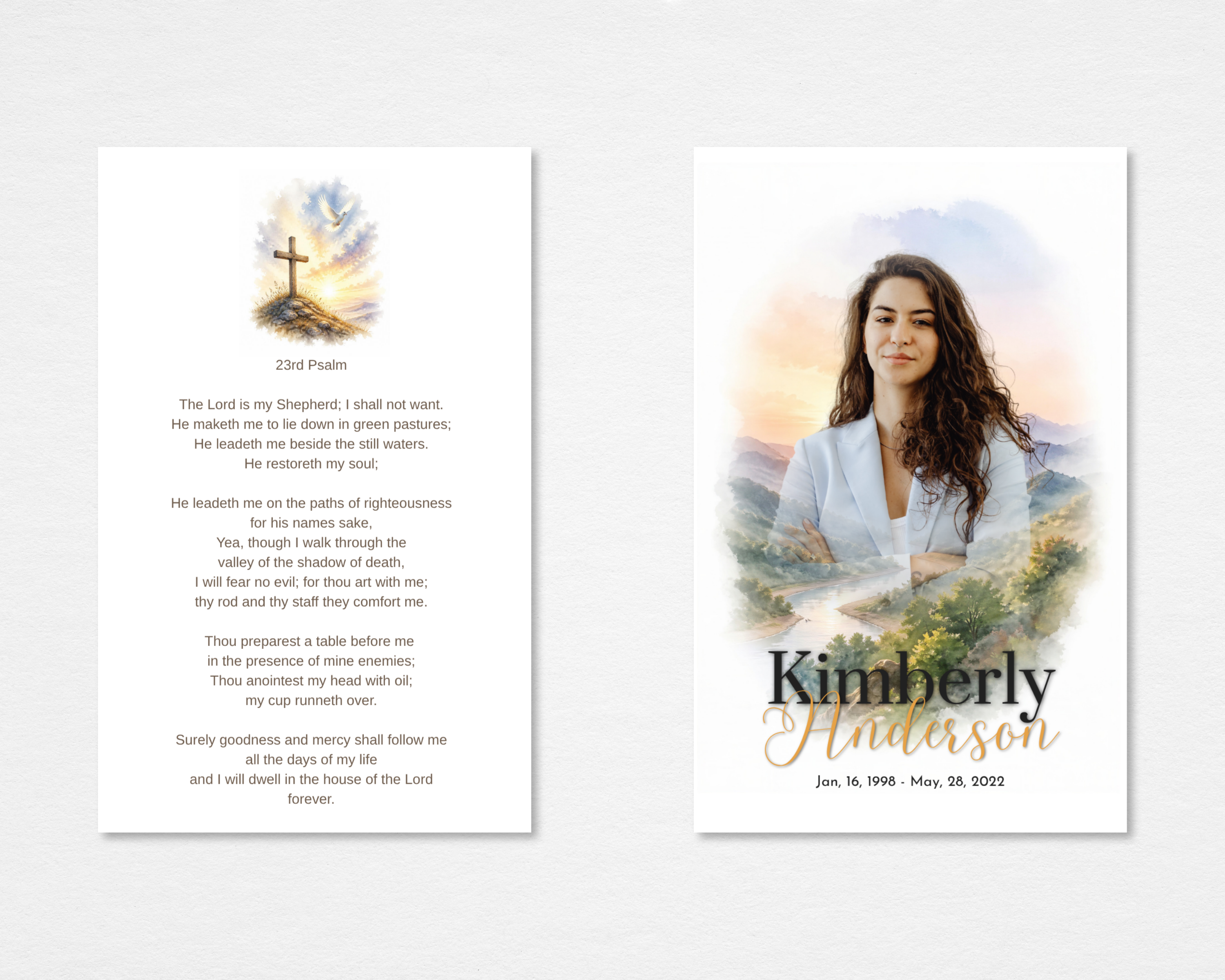 Quiet Wings watercolor religious memorial prayer card front and back — 23rd Psalm, cross and dove, editable in Canva, Christian funeral keepsake