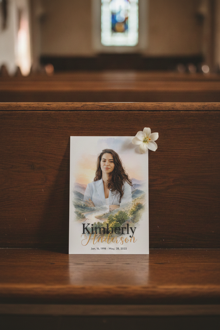 Quiet Wings memorial prayer card on church pew — watercolor mountain landscape portrait cover, religious funeral prayer card template