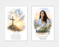 Quiet Wings funeral program front and back — white background, watercolor hilltop cross with white dove at sunrise, full-bleed mountain valley portrait cover, black bold and gold script typography