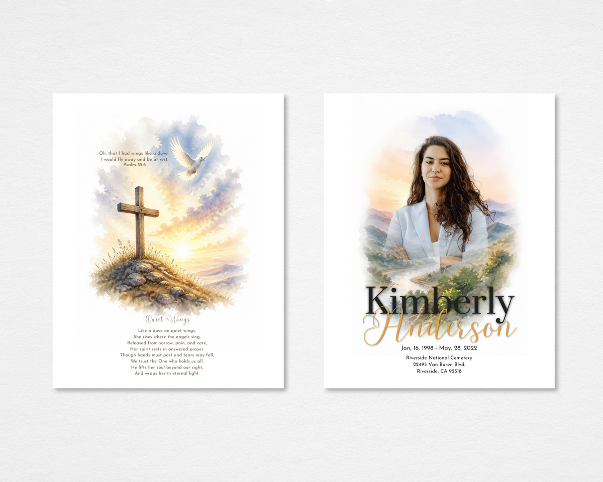 Quiet Wings funeral program front and back — white background, watercolor hilltop cross with white dove at sunrise, full-bleed mountain valley portrait cover, black bold and gold script typography (tabloid)