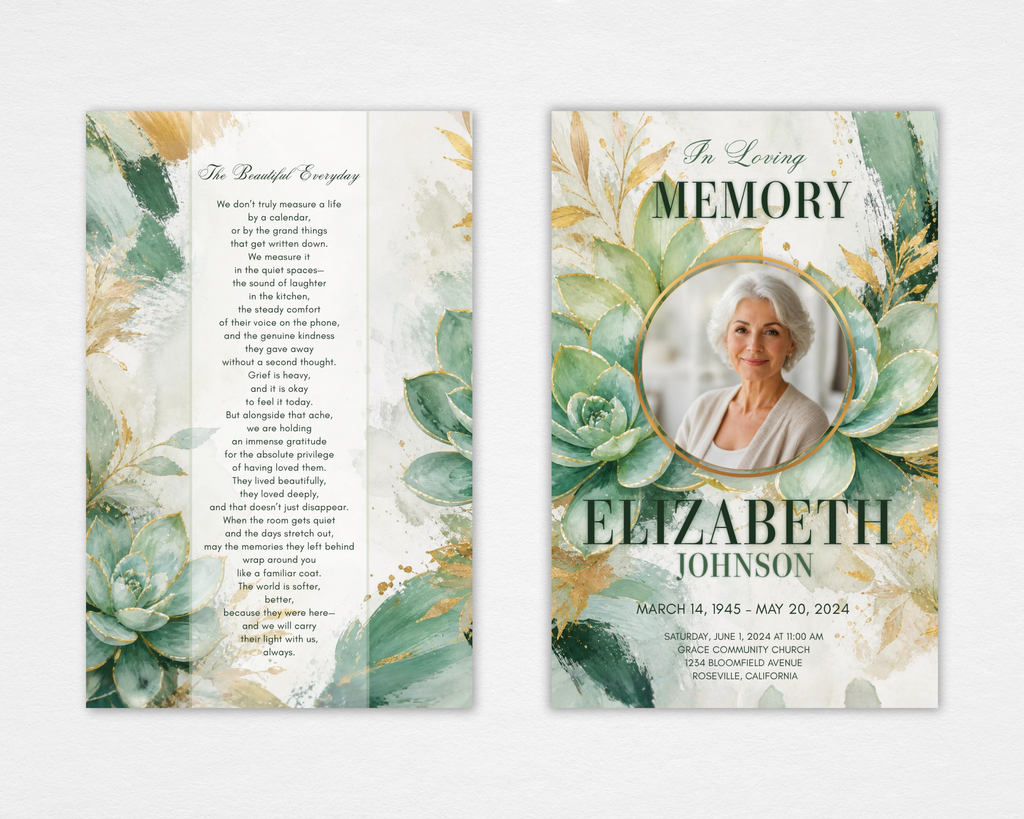 Succulent funeral program template flat open view — watercolor botanical front cover with circle photo frame and back cover with The Beautiful Everyday poem