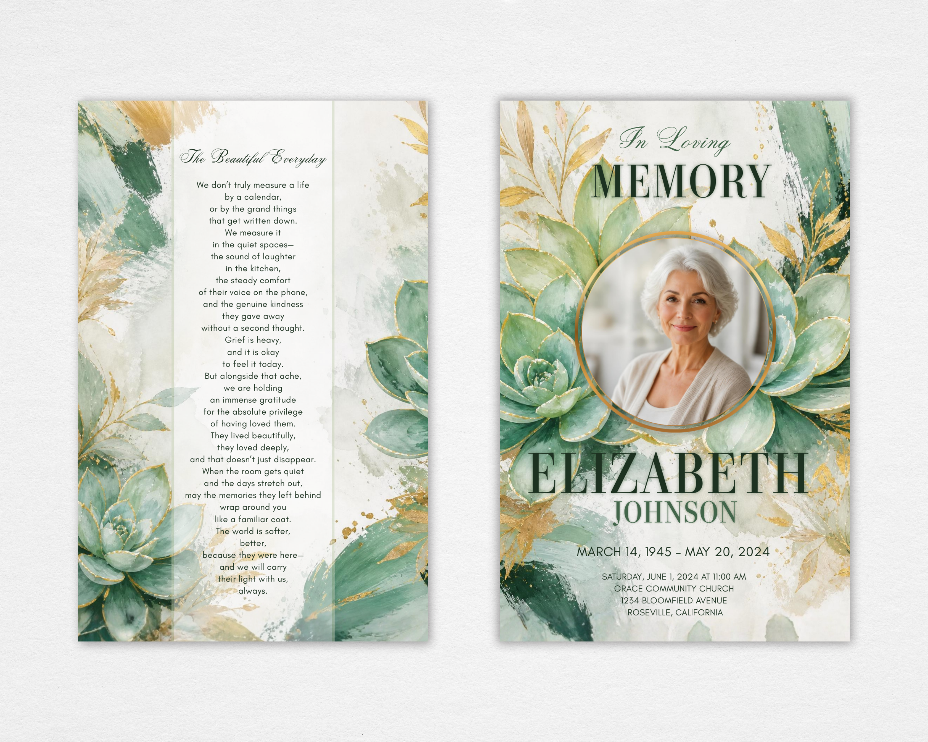 Succulent funeral program template flat open view — watercolor botanical front cover with circle photo frame and back cover with The Beautiful Everyday poem