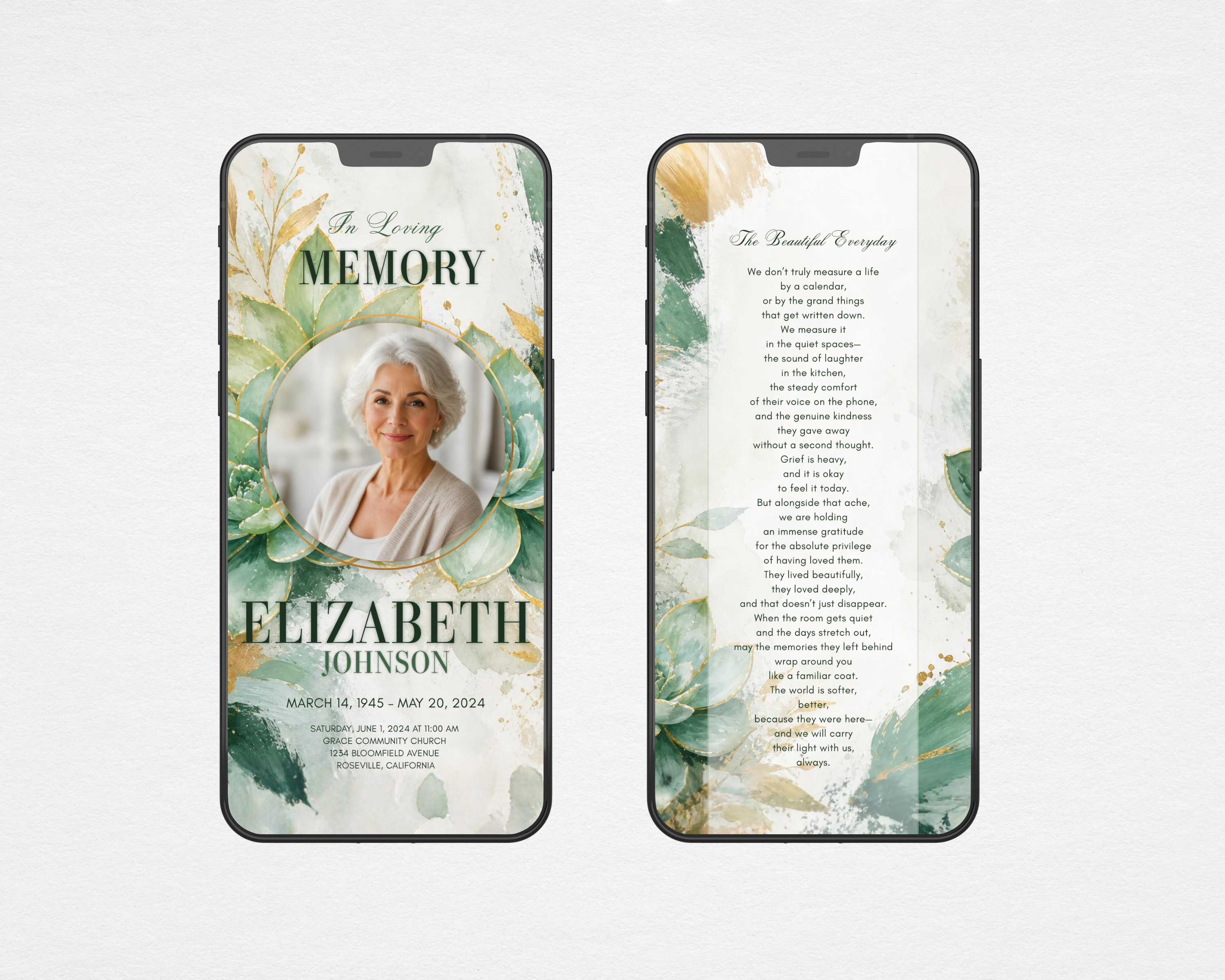 Succulent funeral program template digital version on mobile phones — front cover with gold circle photo frame and back cover with The Beautiful Everyday poem