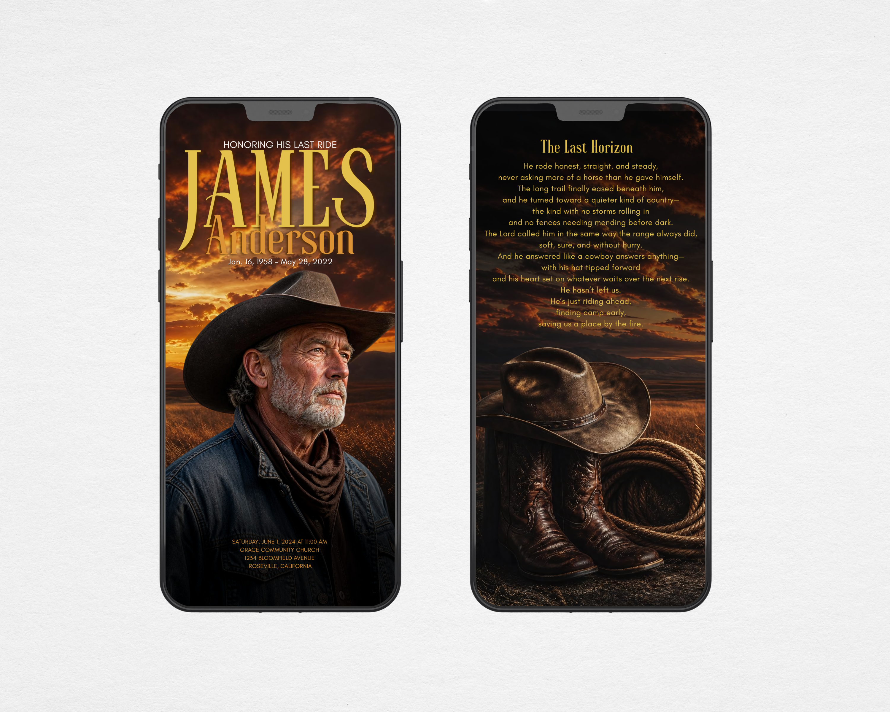 Cowboy funeral program template Open Range — digital version shown on two phones displaying front cover portrait and The Last Horizon poem page