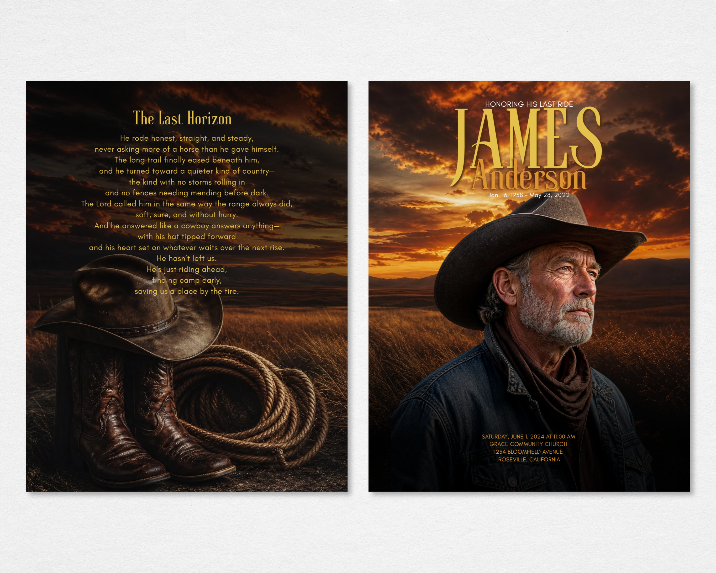 Open Range western cowboy funeral program template — front and back tabloid spread — Canva editable instant download