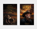 Cowboy funeral program template Open Range — front and back cover flat lay showing prairie sunset portrait and poem page with cowboy hat, boots, and rope